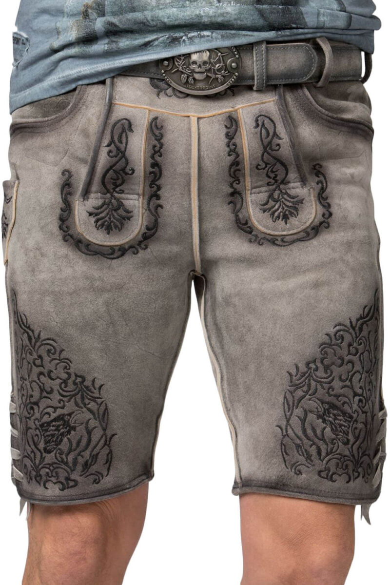 Regensburg Eisennebel-Graue Lederhose mit Burgenstickerei - Image 2