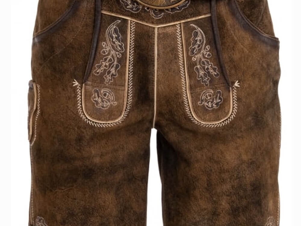 Mittenwald Hirsch Lederhosen mit geprägter Hirsch-Gürtelschnalle
