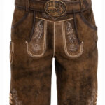 Mittenwald Hirsch Lederhosen mit geprägter Hirsch-Gürtelschnalle