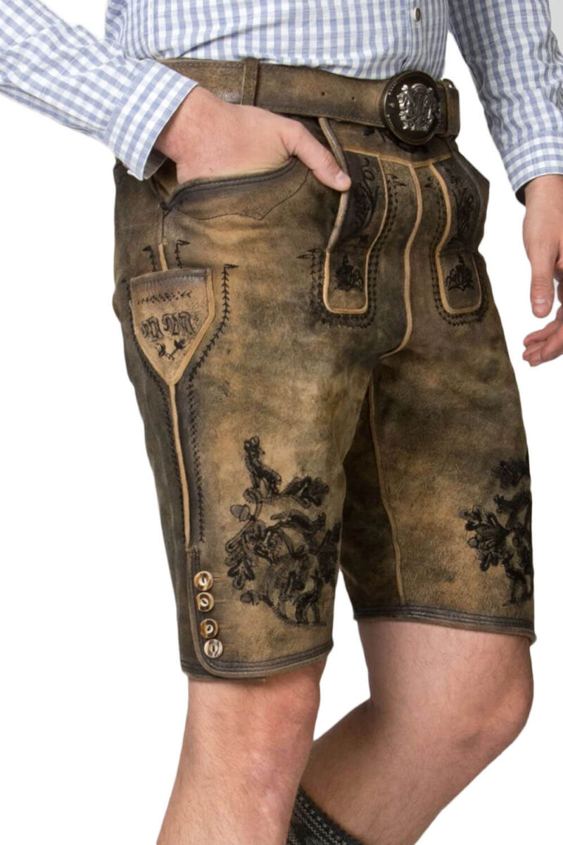Schliersee Torfleder Lederhose – Bestickte Shorts in Vintage-Braun - Image 3