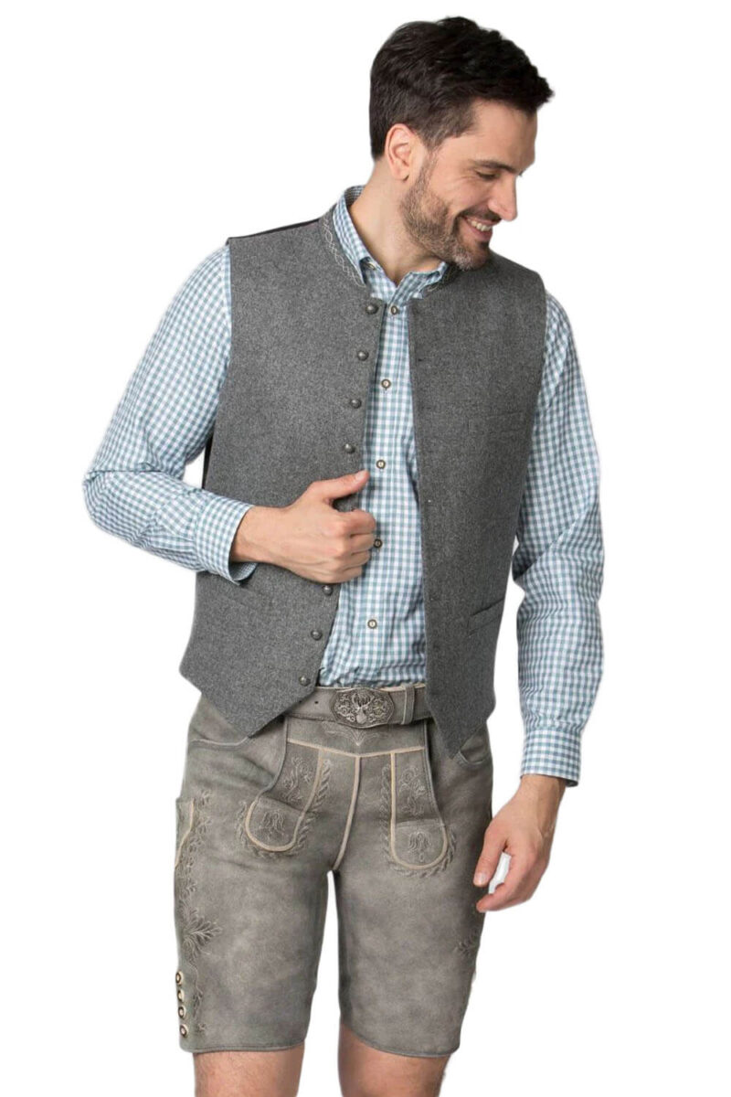 Augsburg Nebel – Hellgraue Traditionelle Trachtenlederhose mit Blumenstickerei - Image 1