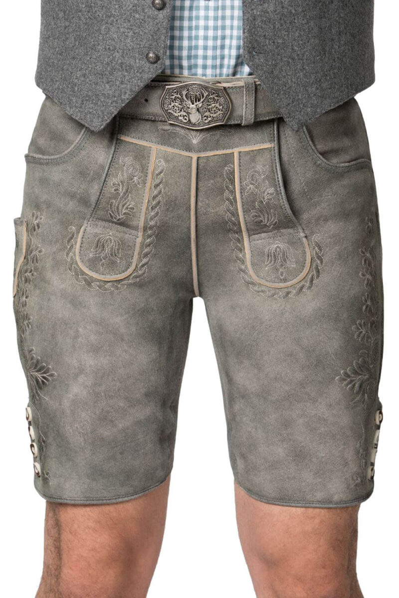 Augsburg Nebel – Hellgraue Traditionelle Trachtenlederhose mit Blumenstickerei - Image 2