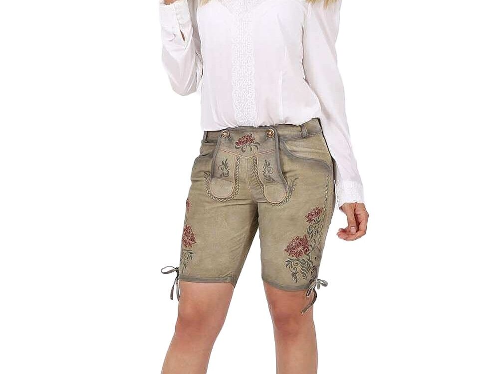 Vintage-Oliv-Beige Damen-Lederhose mit antiker Rosenstickerei