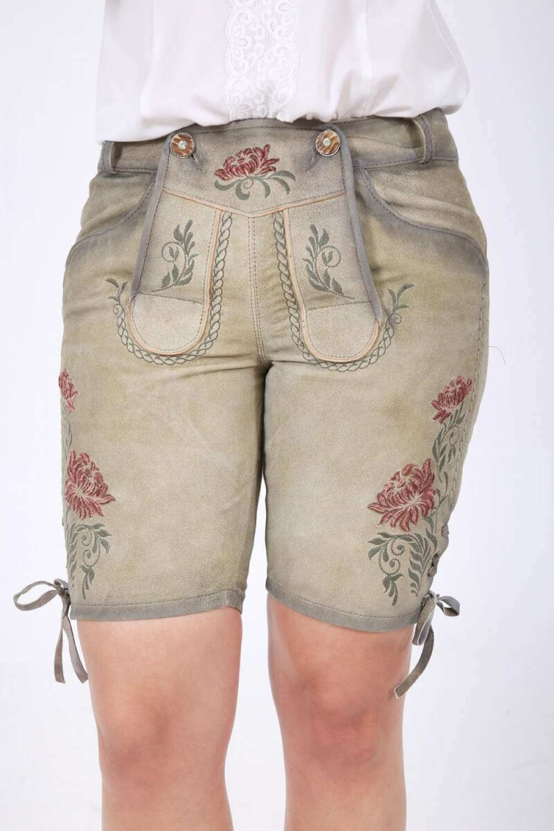 Vintage-Oliv-Beige Damen-Lederhose mit antiker Rosenstickerei - Image 2