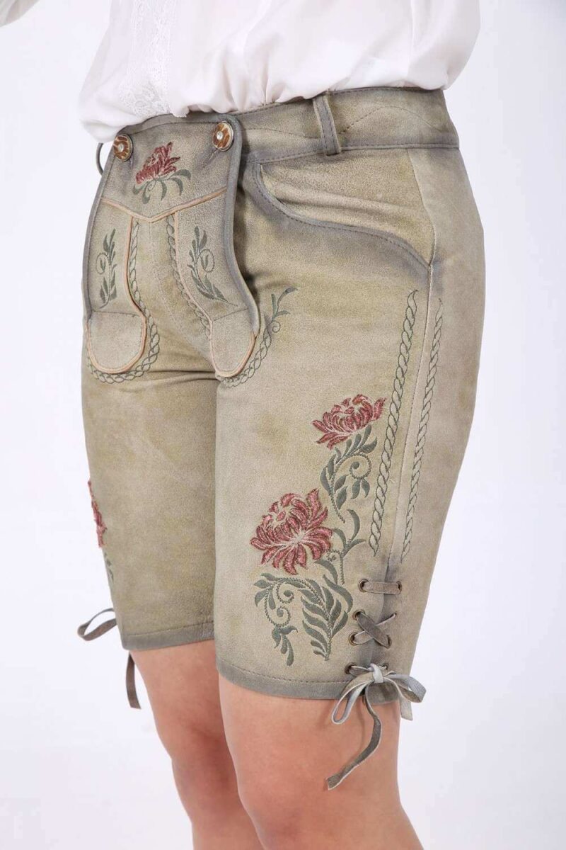 Vintage-Oliv-Beige Damen-Lederhose mit antiker Rosenstickerei - Image 3