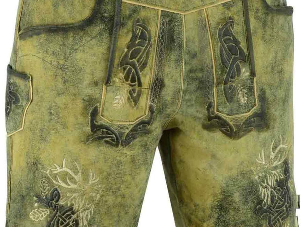 Lederhose in Moosgrün mit Hirschstickerei