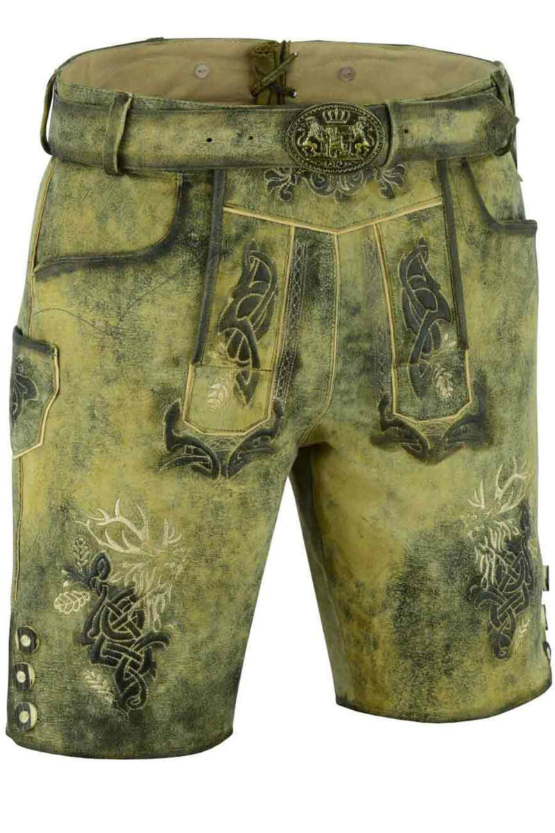 Lederhose in Moosgrün mit Hirschstickerei - Image 1